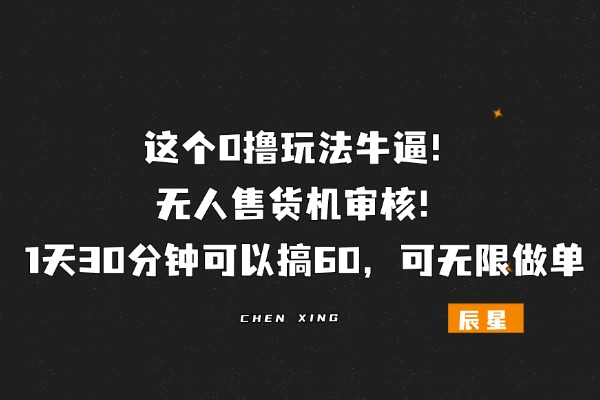 无人售货机审核！1天30分钟可以搞60，可无限做单，这个0撸玩法牛逼！！-辰星